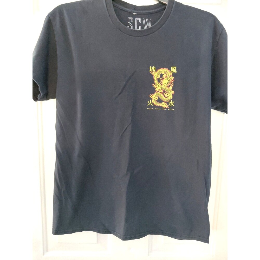 SCW Black Elemental Fire Dragon Graphic T-Shirt Kanji Text